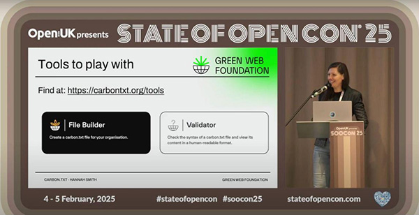 Hannah Smith presenting carbon.txt at State of the Open Con